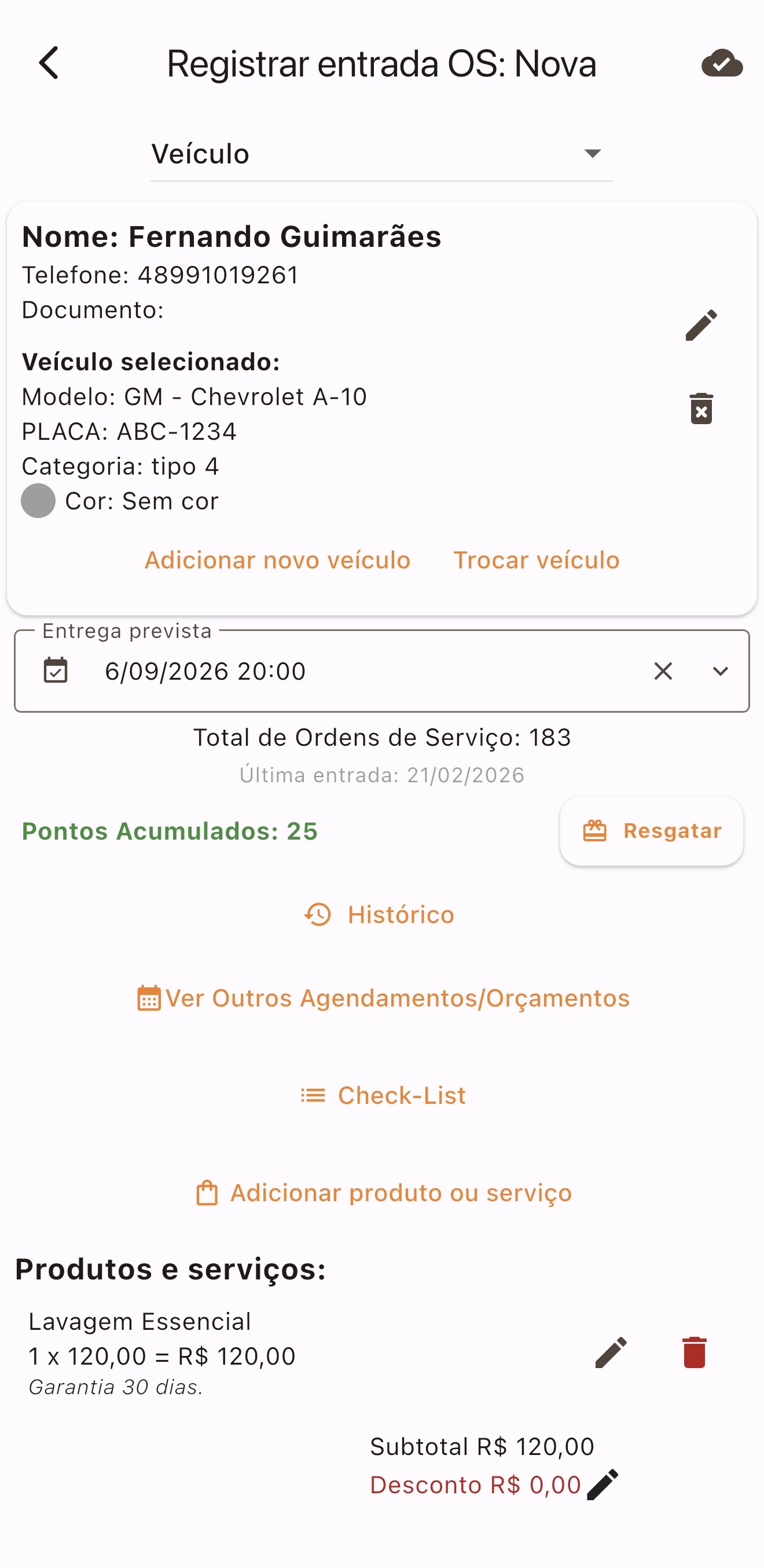 Ordem de serviço com veículo, entrega prevista, checklist e serviços