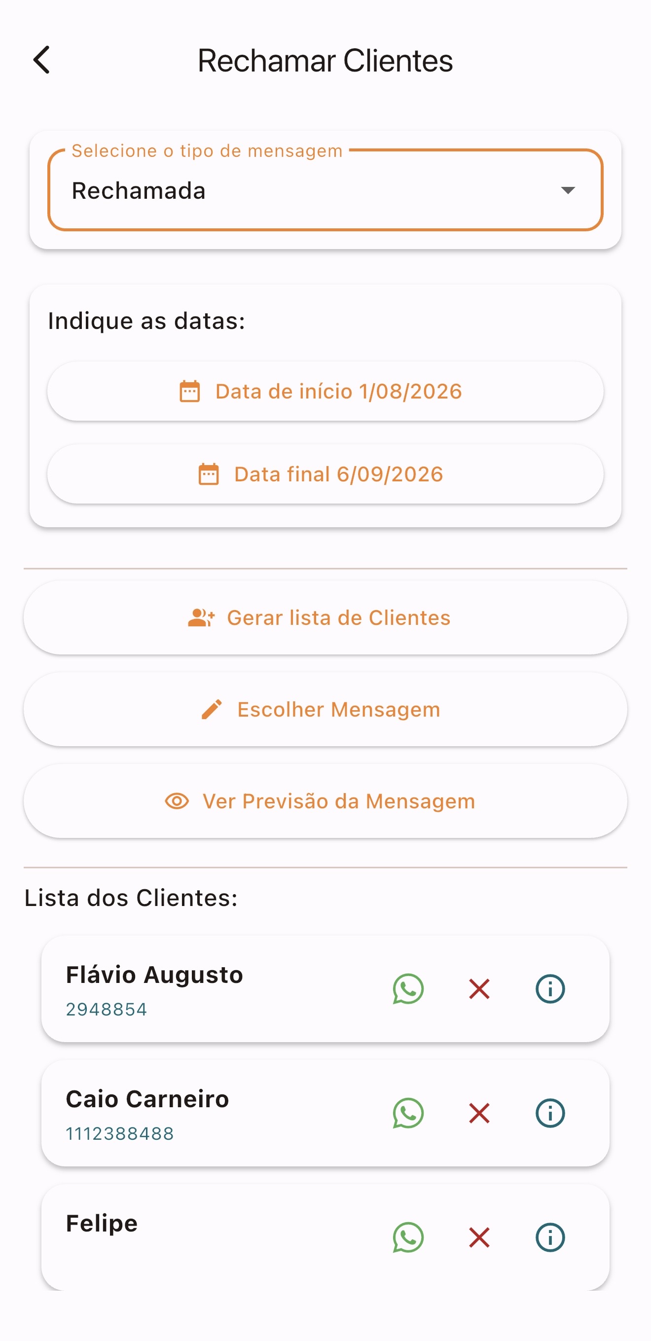 Rechamada de clientes com seleção de período e contato pelo WhatsApp