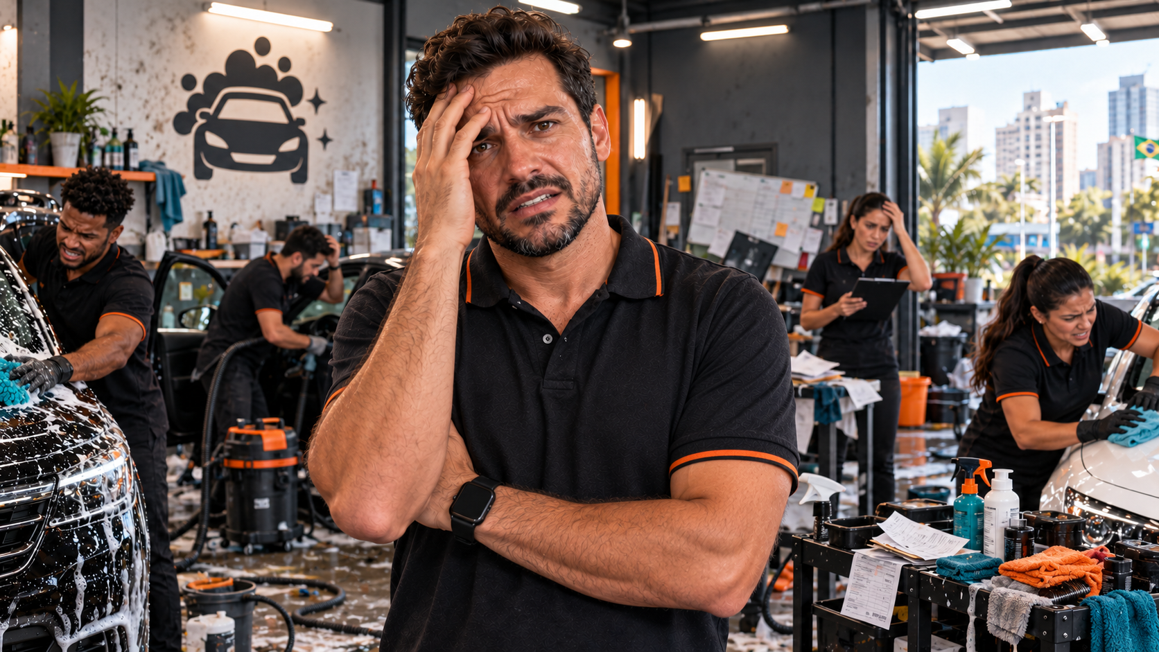 Empresário preocupado com a rotina e informações espalhadas no negócio