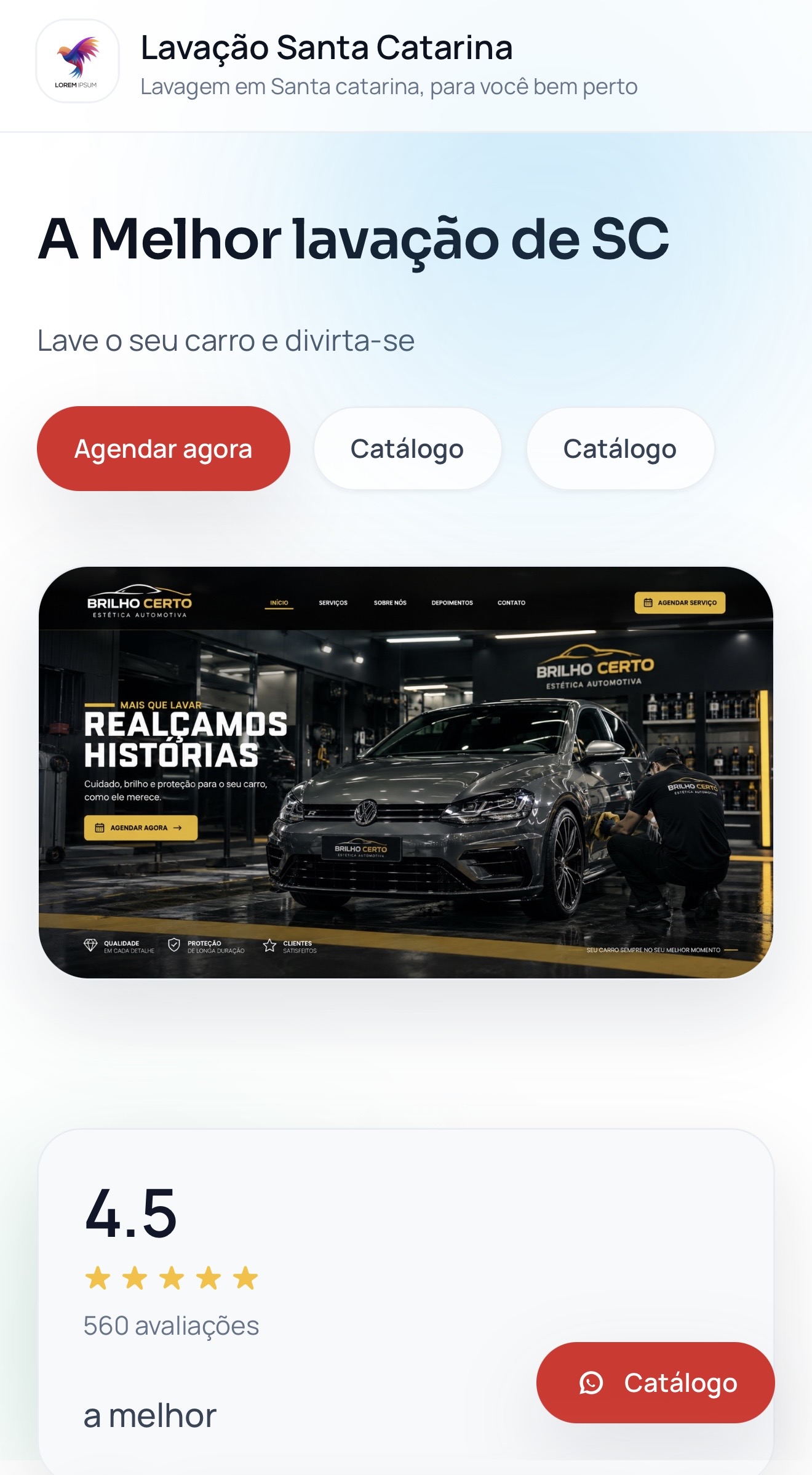 Site personalizado da Lavação Santa Catarina com botão de agendamento